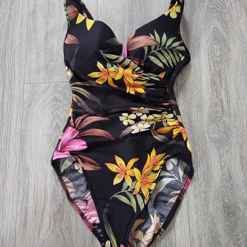 Miraclesuit Notched V Floral Print One Piece Swimsuit